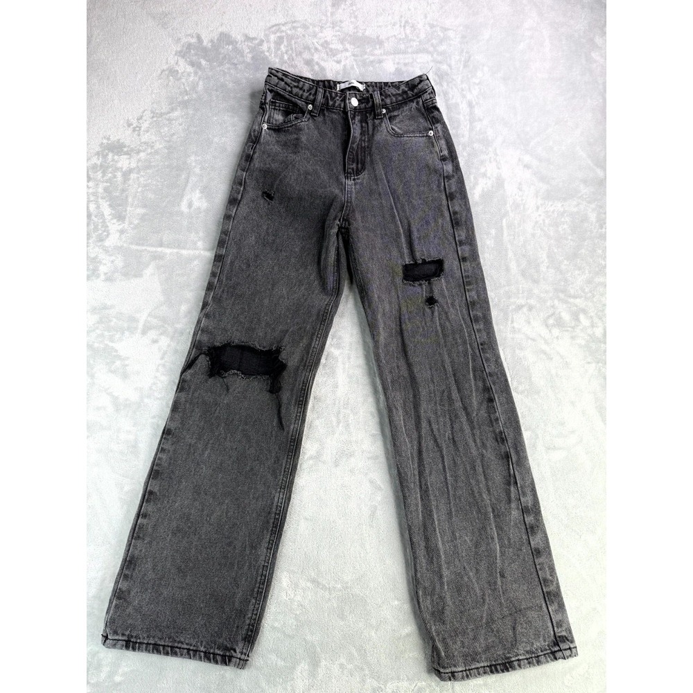 Adika Wide Leg Jeans Womens Small Dark Gray Denim High Rise Distressed 5-Pockets